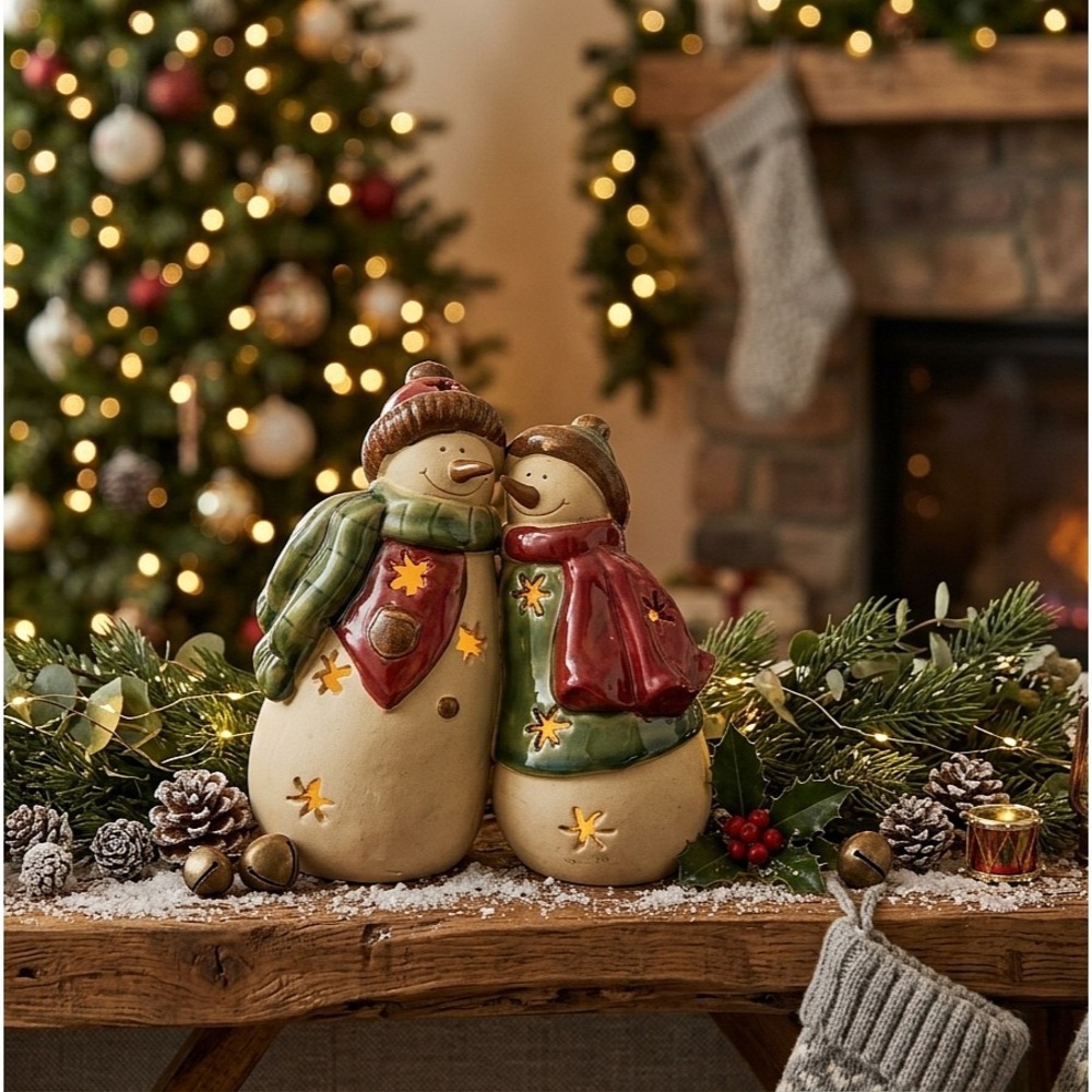 Vintage Hand Painted Ceramic Snowman Couple Lighted Decor Rustic Christmas VTG